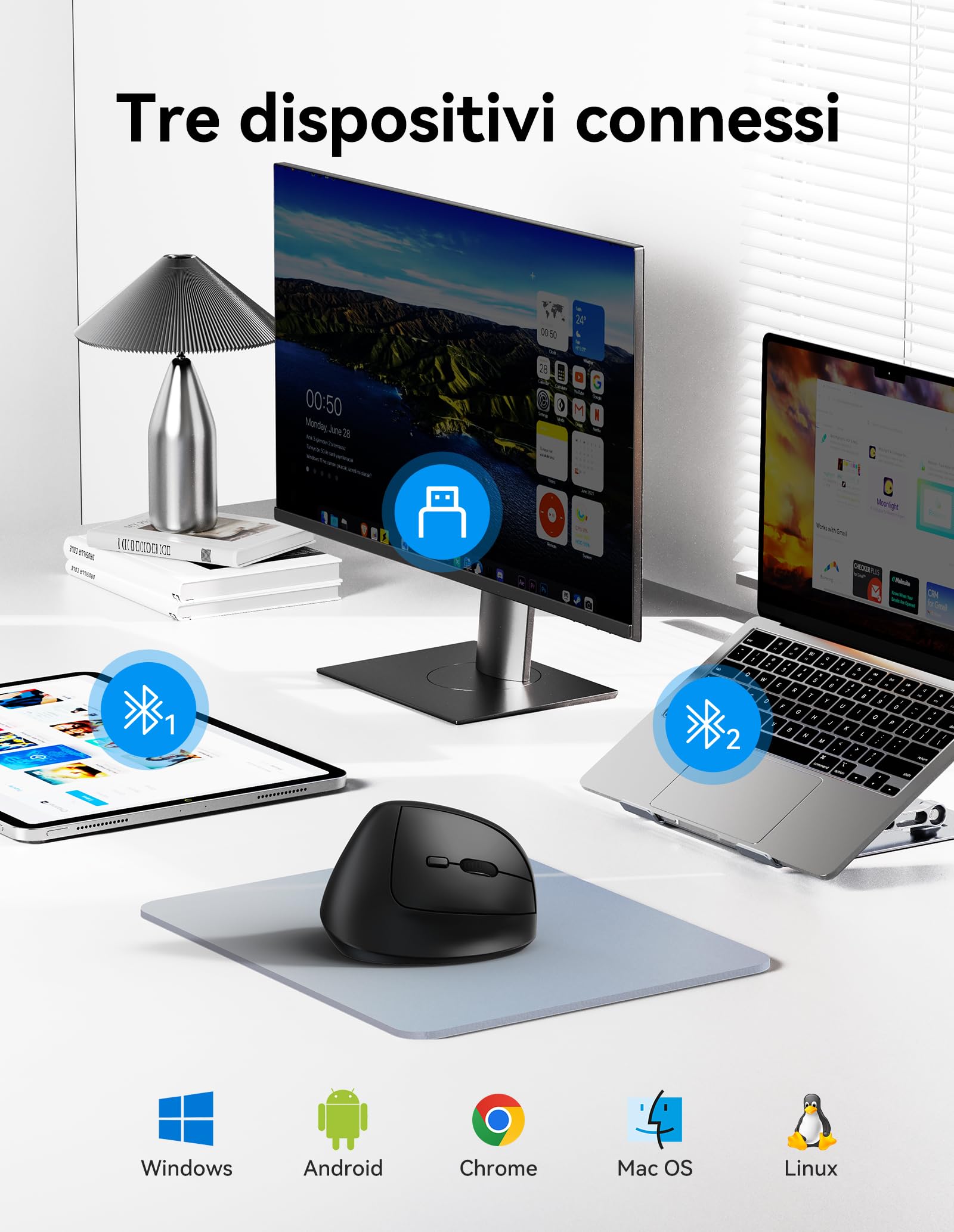 TECKNET Mouse Ergonomico, Mouse Verticale Senza Fili Ricaricabile con 3 Porte Dispositivi (BT 5.0/3.0+2.4GHz), 4800 DPI a 6 Livelli Regolabili, Scatto Silenzioso per Laptop, Desktop, PC, Macbook