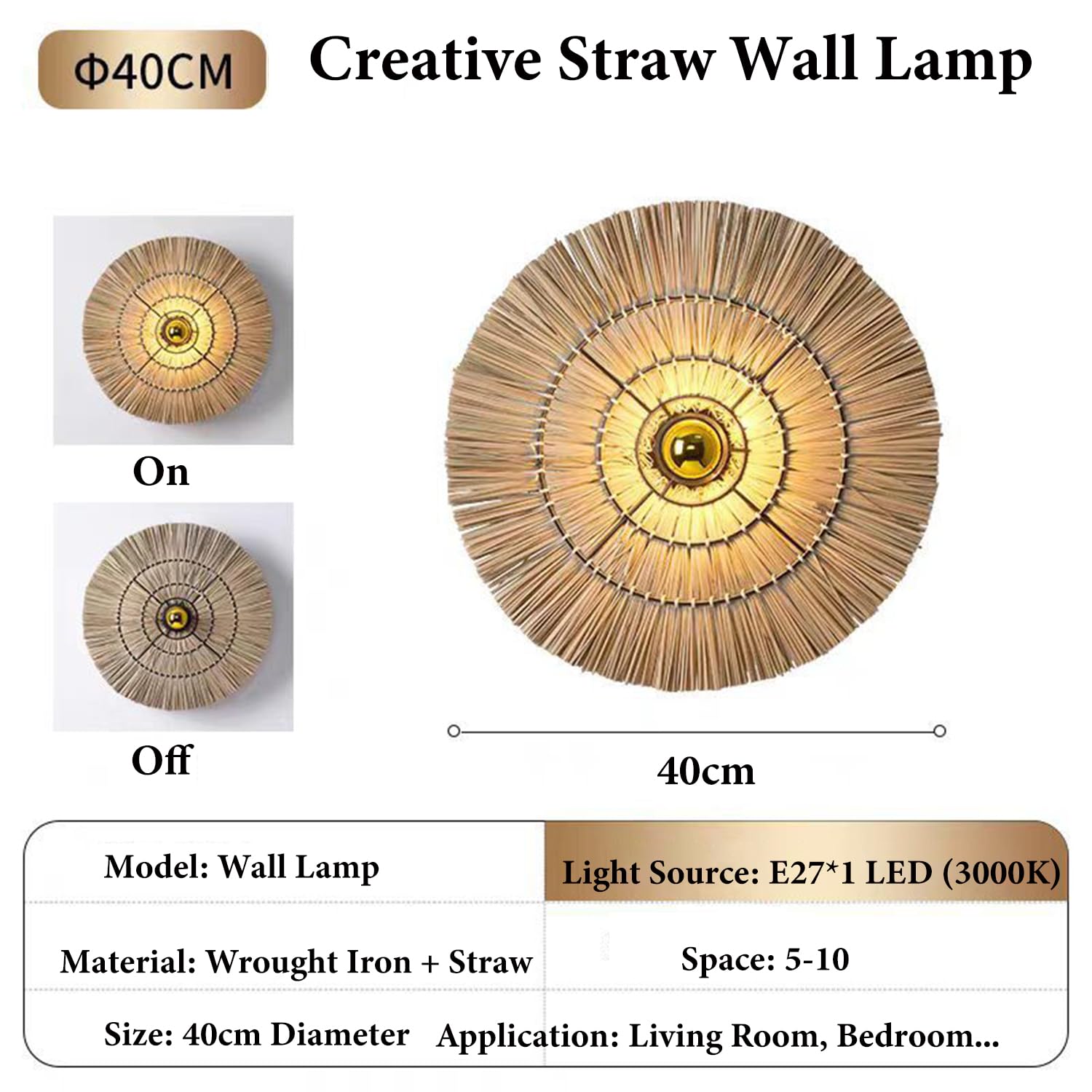 Boho Kinkiet okrągły 40 cm Rustykalny kinkiet wewnętrzny z ręcznie tkanym abażurem E27 Vintage Lampa Lampka nocna Kinkiet 3000K Ciepłe światło do sypialni, salonu, przedpokoju