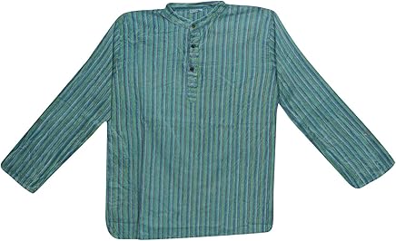Mogul Interior Men’s Kurta Shirt Blue Striped Cotton Ethnic Yoga Festive Boho Tunic L