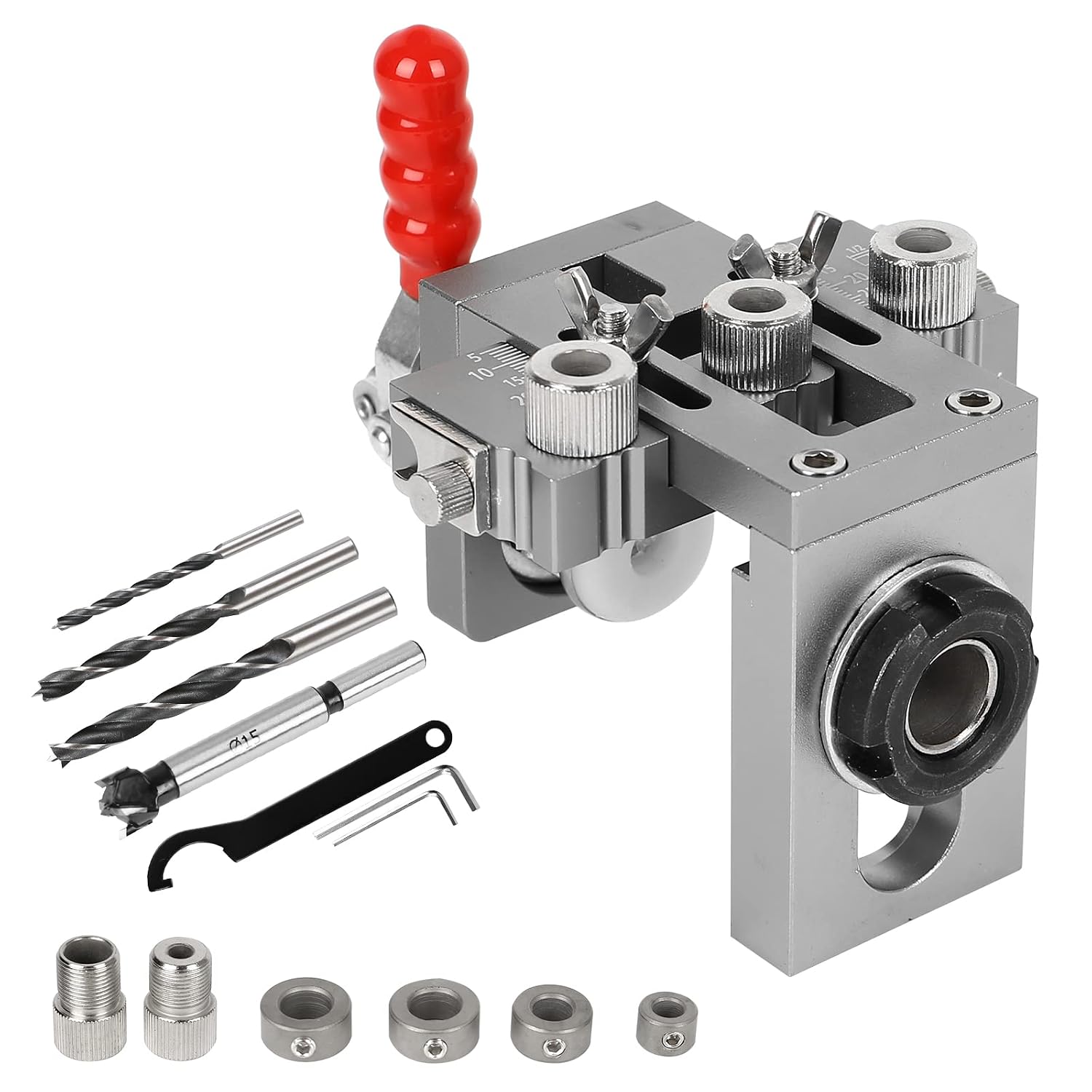 Pocket Hole Jig Set CEIEVER Drilling Template 4-in-1 Pocket Hole Drilling Aid 6/8/10/15 mm Multifunctional Drill Locator for DIY Carpentry Project
