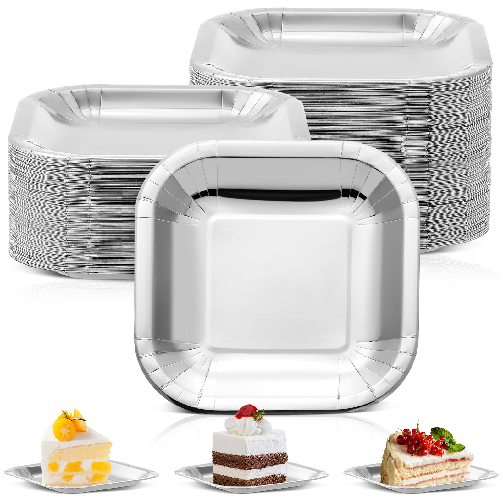 Dandat Confezione da 100 piatti quadrati di carta usa e getta da 17,8 cm, per antipasti, torte, usa e getta, in lamina metallica, per dessert, per laurea, compleanno, matrimonio, anniversario, feste