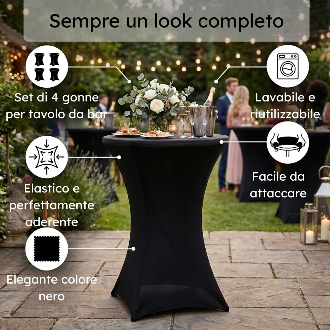 Saaf Set di 4 Gonne da Tavolo Nere Lussuose, Fodera Elasticizzata per Tavolo da Bar 80-85 cm, Lavabile, Gonna da Tavolo Elastica per Feste ed Eventi