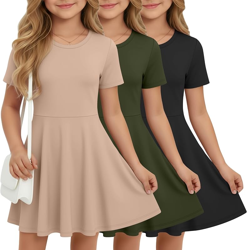 Halfchet 3 Pack Girls Short Sleeve Skater Dresses | Crewneck, A Line, Flared Twirl Skirt, Lightweight, Stretchy Fabric, School Wear, Family Gatherings, Birthday Parties