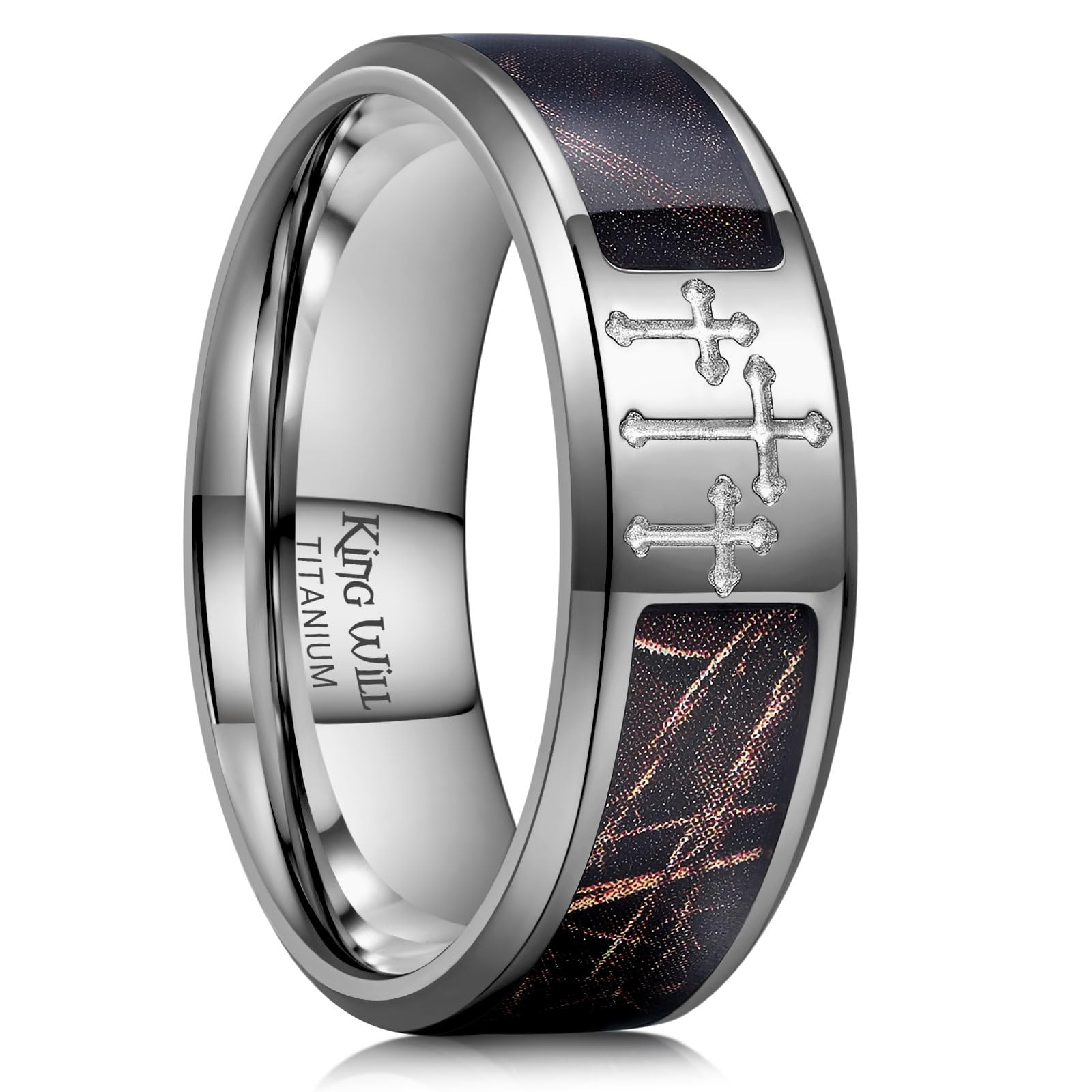 King Will Cross Titanium Wedding Band for Men Women-8mm Width Wedding Ring in Black/Sliver/Gold Plated with Brown Camouflage Inlay Comfort Fit Size 7-14