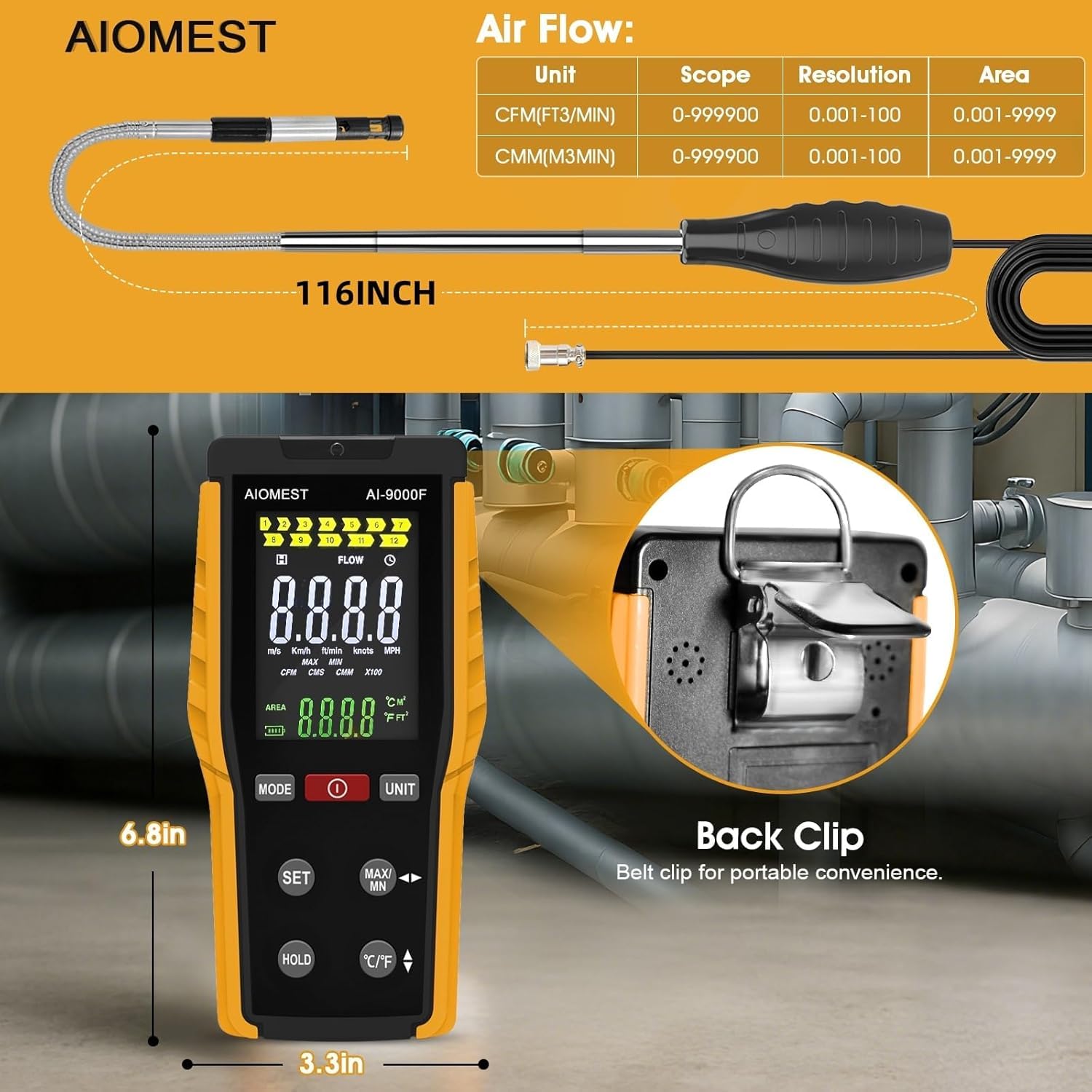Anemómetro Térmico de Hilo Caliente AIOMEST AI-9000F HVAC Medidor de Viento Velocidad y Temperatura