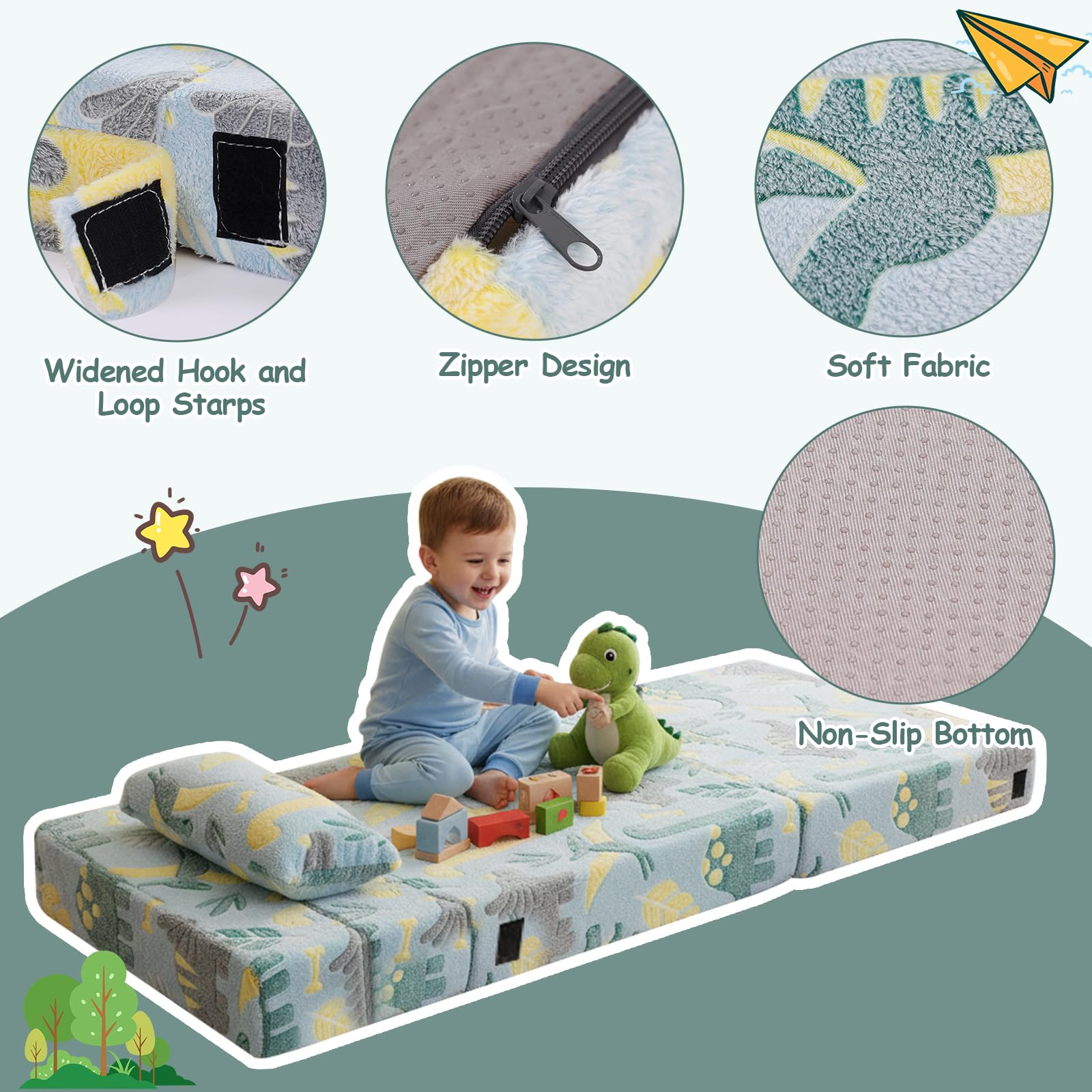 Canapé-lit pour enfants, matelas de sol phosphorescent, canapé modulaire bleu pour bébé, canapé pliable pour enfants, futon convertible, matelas pliable pour salle de jeux, dinosaure vert