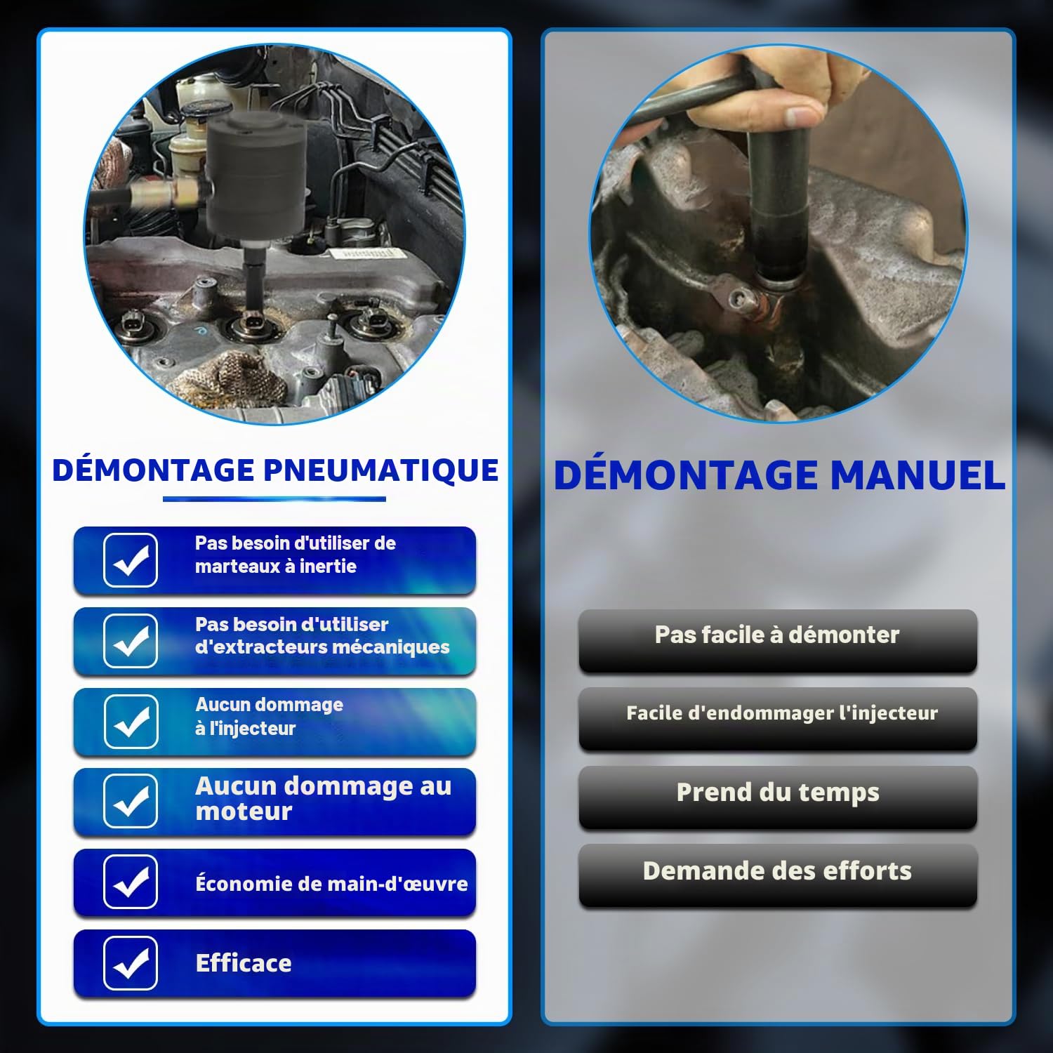 ZKTOOL 24 Pièces Extraction d'Injecteurs Diesel Pneumatique, Démontage d'Injecteurs Diesel à Vibrations Pneumatiques, avec 19 Adaptateurs, Connecteurs US/EU et Poignée Portative