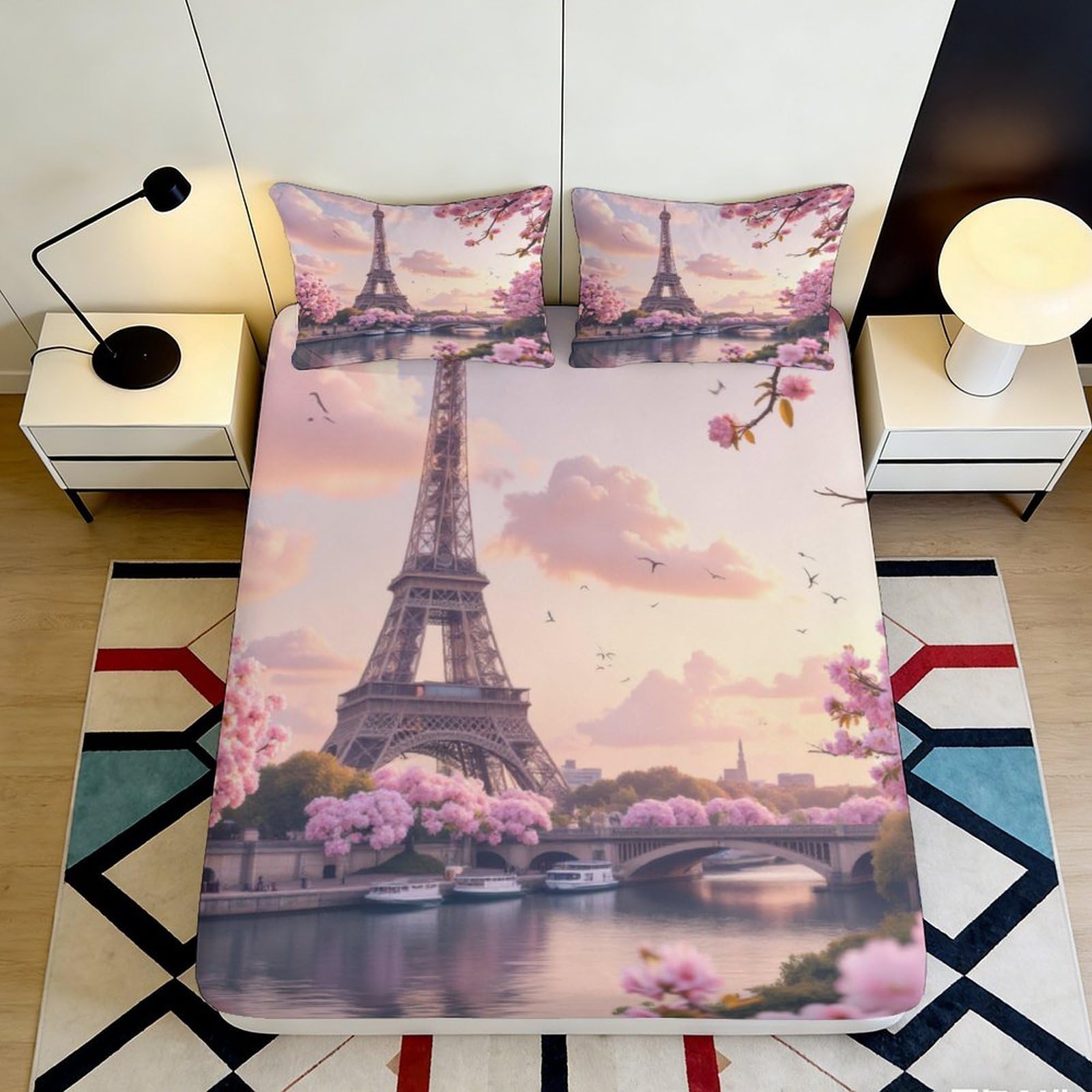 3D Printed Eiffel Tower Fitted Sheet Microfiber Soft Breathable Cherry Blossom Bed Cover for Bedroom Dormitory Guest Room Mattress Protection Decor 120x200x25cm