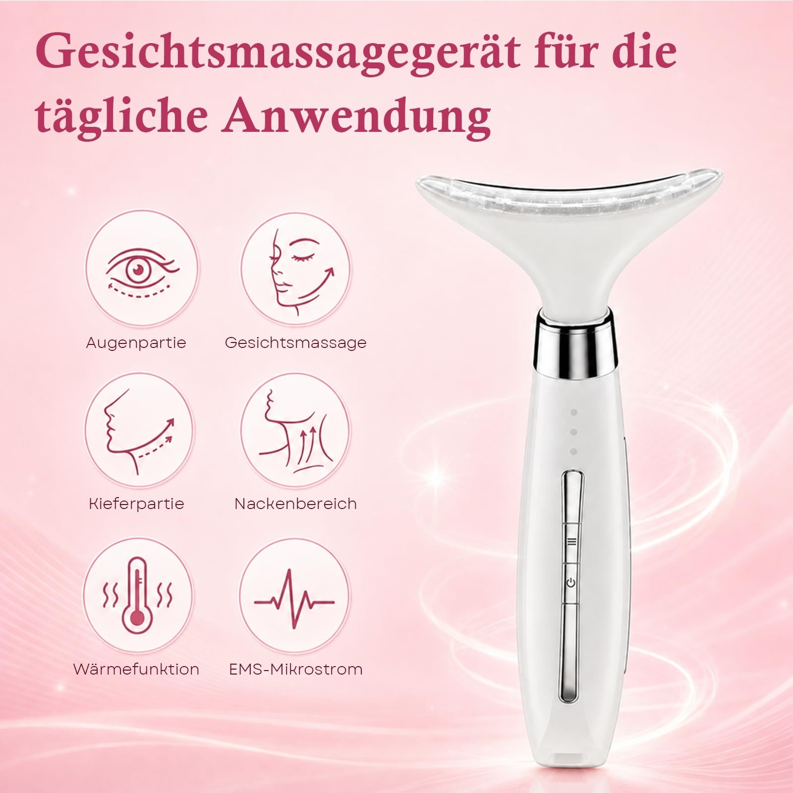 Gesichtsmassagegerät Gesicht Massagegerät Face Massager: 4-in-1 EMS Gerät Gesicht mit 4 Massageköpfen - Massagegerät Gesicht mit Wärmefunktion LED Licht & Vibrationsmassage für Gesicht & Hals Gerät