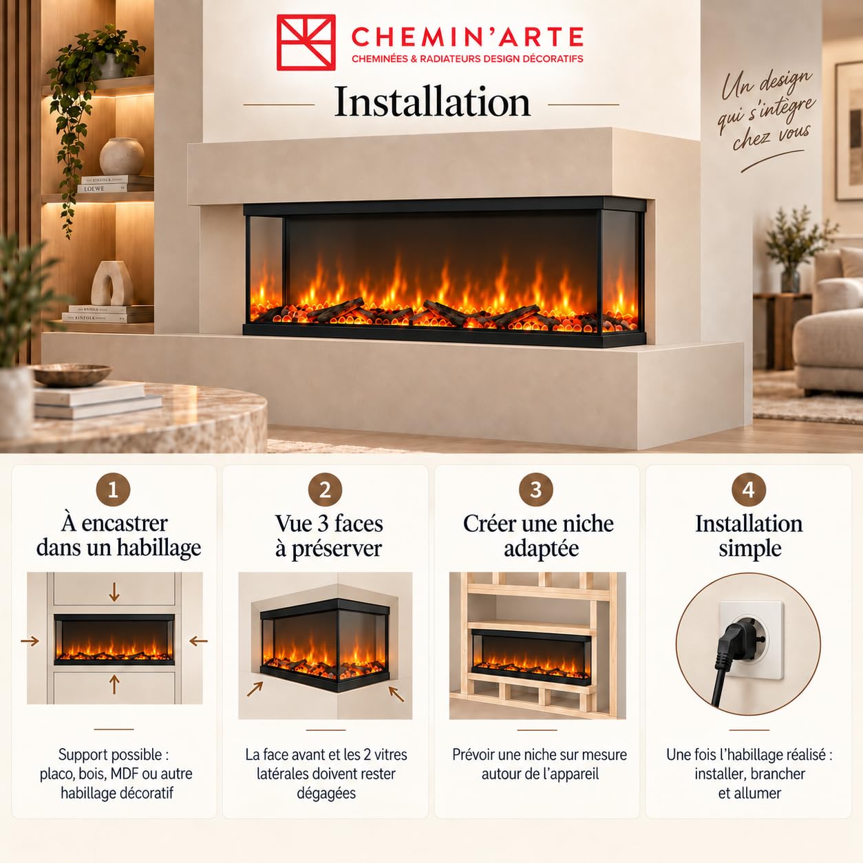 Chemin’Arte Cheminée Électrique Encastrable Effet Flammes LEDs 3D 150 cm, 3 Faces - Conçue en France - Chauffage 2000W - Télécommande - Garantie 2 Ans