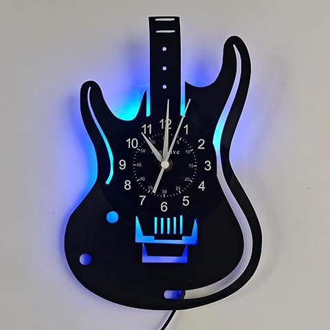 LED Guitar Wall Clock, Black Vinyl Electric Guitar Shape with Color Changing Backlight, Musical Theme Room Decor for Bedroom, Living Room, Bar, Office,A Great Gift for Christmas.