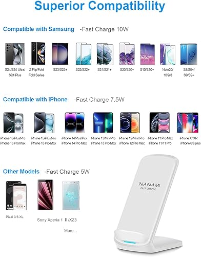 Miniatura 10 de NANAMI Cargador inalámbrico para Samsung y iPhone - Soporte de cargador de inducción rápido certificado Qi de 10 W para Galaxy S23S22S21S20S20