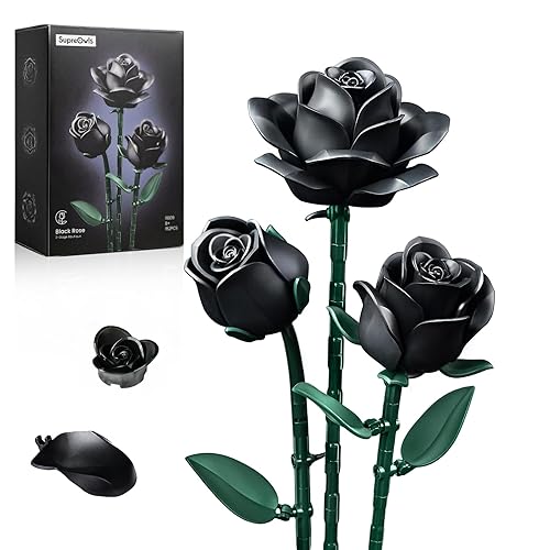 iATOM Black Roses Flower Building Set - 3Pack, Christmas Stocking Stuffers Gift - Gothic Horror Retro Artificial Flowers Botanical Collection Home Decor - IA11009