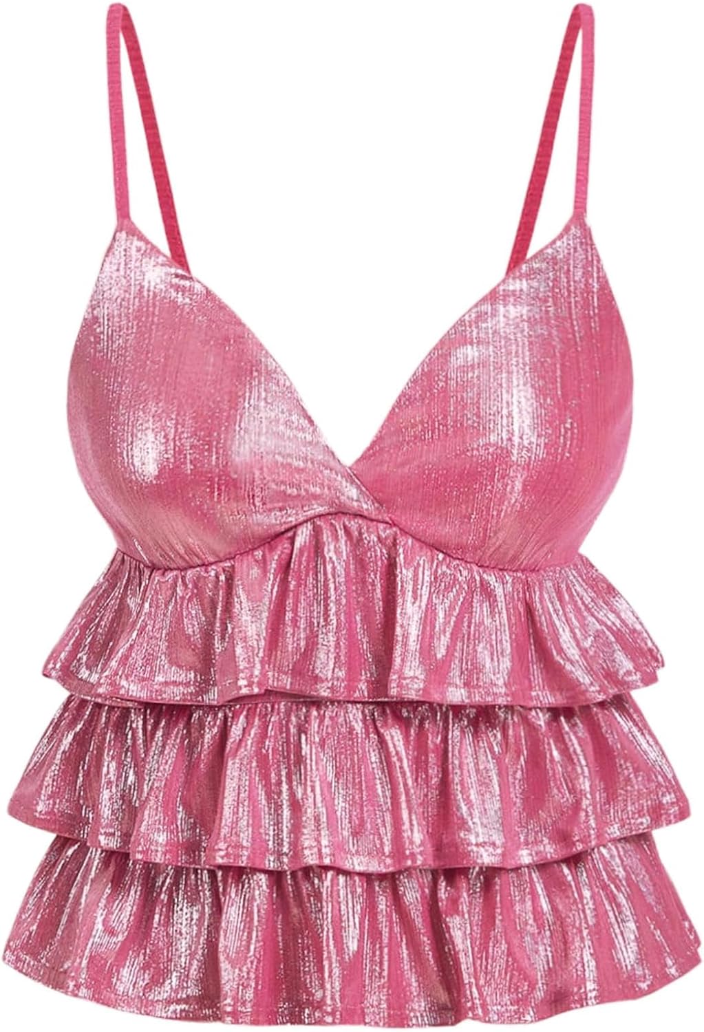 SHENHE Women's Metallic Tiered Ruffle Cami Smocked V Neck Spaghetti Strap Party Babydoll Tank Top - Image 6