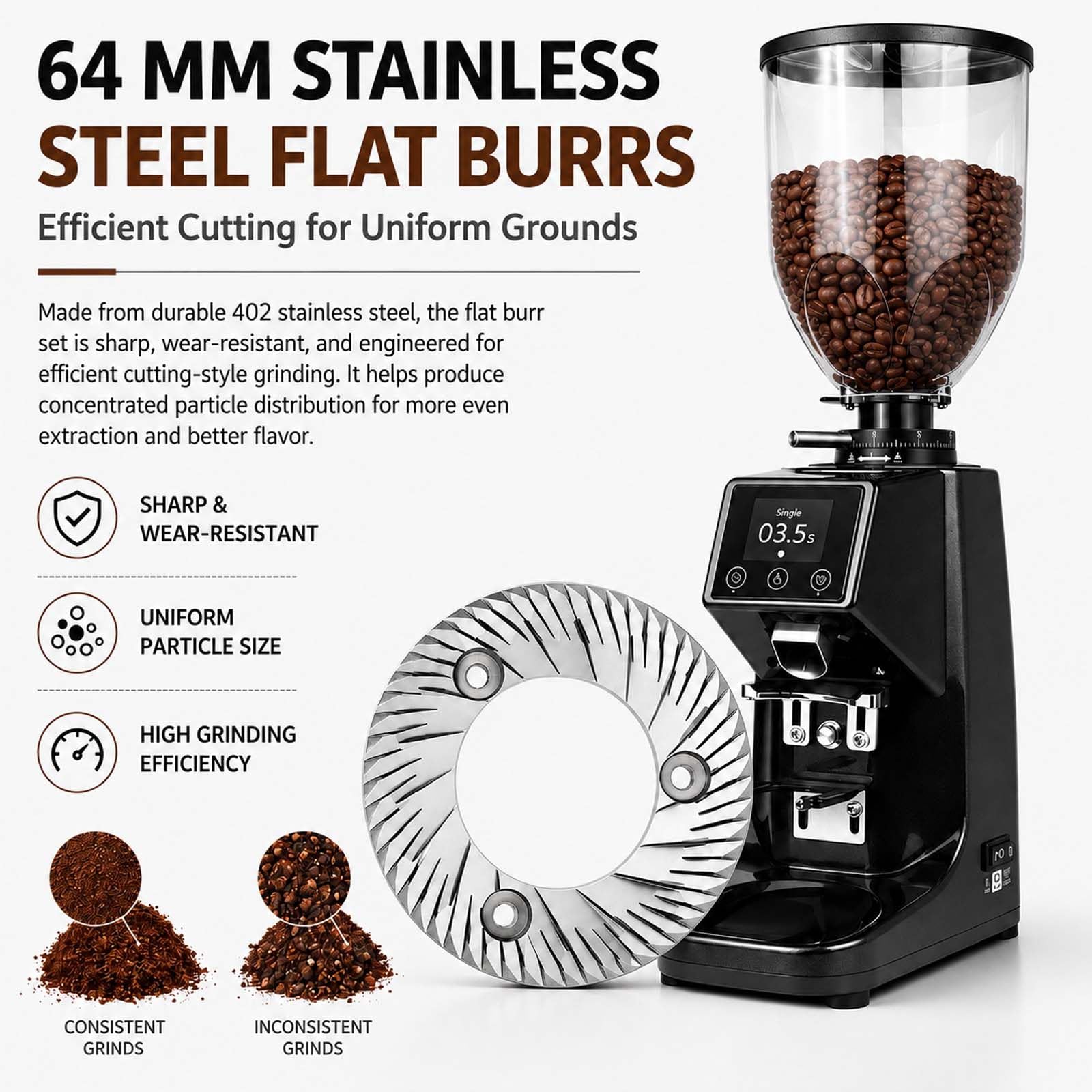Molinillo de 64 MM con Muelas Planas y Pantalla TáCtil de Molienda Silver | Para espresso, vertido manual y prensa francesa, ajuste externo por pasos, depósito de 500 g de granos