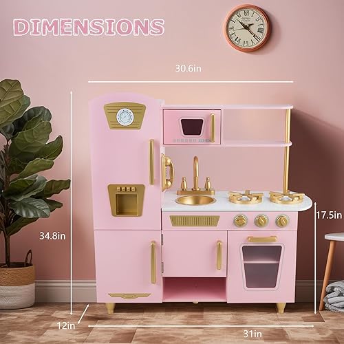 Miniatura 7 de WOODENFUN Juego de cocina para niños de 3 a 8 años, cocina de madera para niños pequeños, incluye teléfono, máquina de hielo, refrigerador,