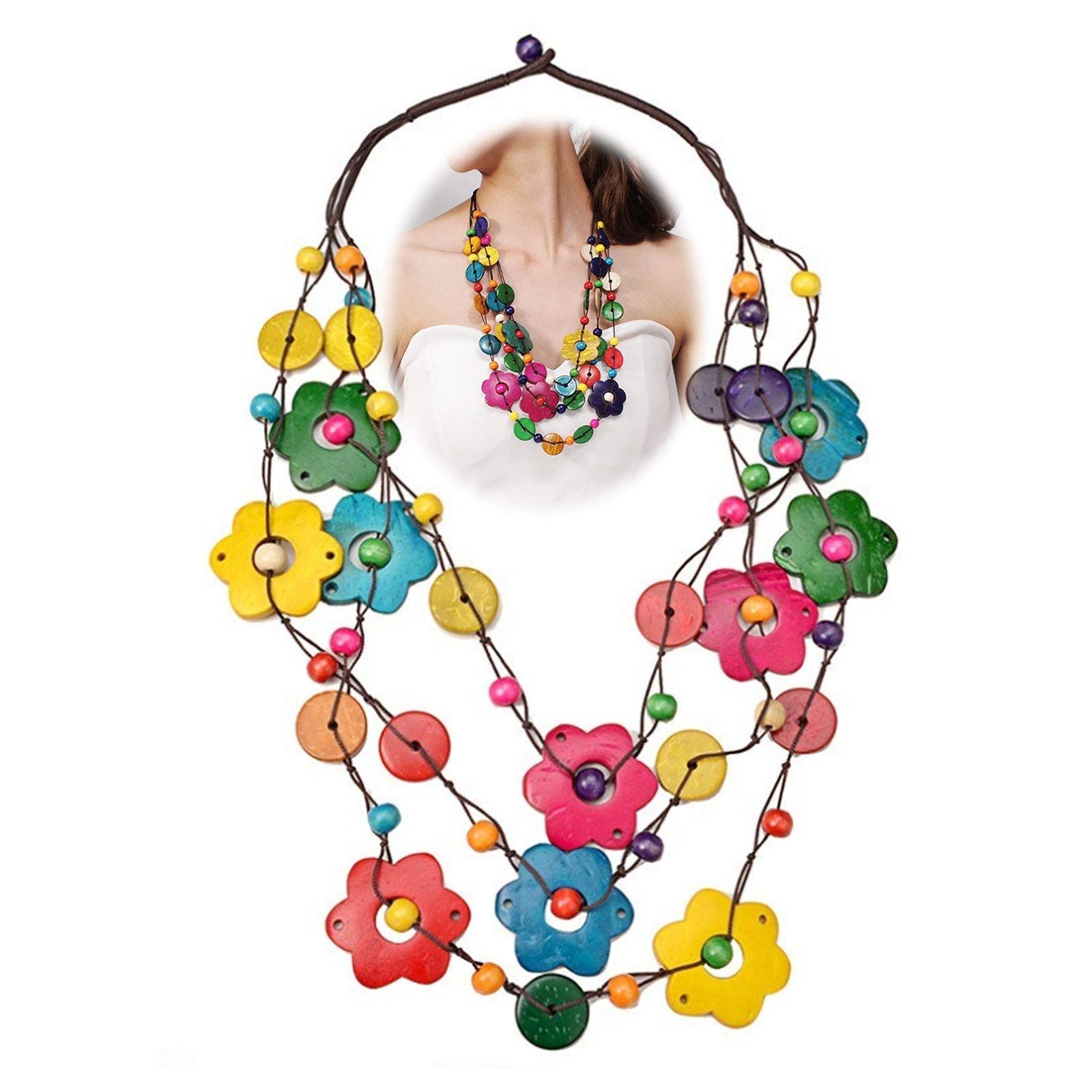 YCZCHE14 Collar con Cuentas Bohemias Collar de étnico Retro Largo Collar de Mujer Retro Bohemia Collar de Múltiples Capas de Las Mujeres para La Playa Bisutería Colgante Encanto Mujeres Niñas Collar de Flores