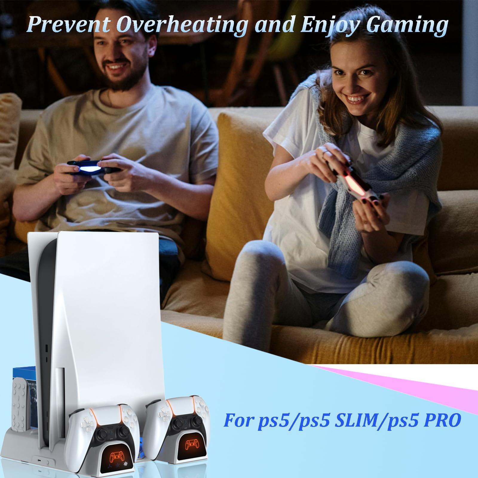 Stazione di raffreddamento per PS5/Slim/Pro/Disc e digitale, supporto di raffreddamento bianco con stazione di ricarica doppio controller PS5, ventola di raffreddamento a 3 livelli, slot multifunzione
