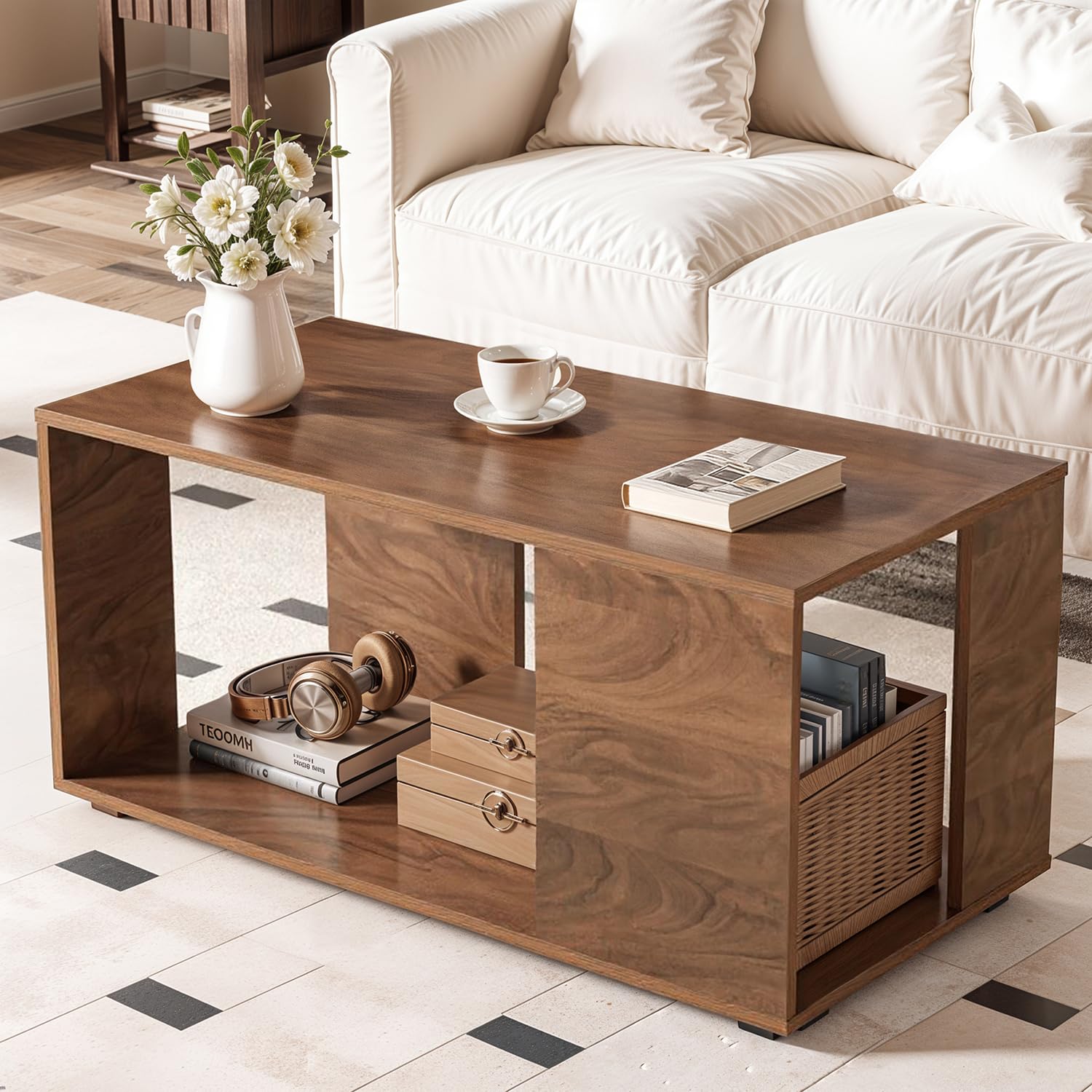ABOUT SPACE Coffee Table - Portable Wooden Centre Table with Open Storage- Furniture - Sofa/Tea/Teapoy for Living Room, Home, Office (Walnut - L 80 x B 40 x H 42 cm)-image-48
