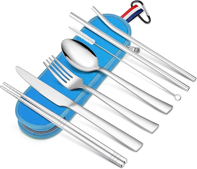 Travel Cutlery Set, Joyfair 8 Piece Portable Stainless Steel Flatware Set, Reusable Utensils Set for 1 with Knife/Fork/Spoon/Chopsticks/Straws/Cleaning Brush/Blue Carrying Case, Dishwasher Safe