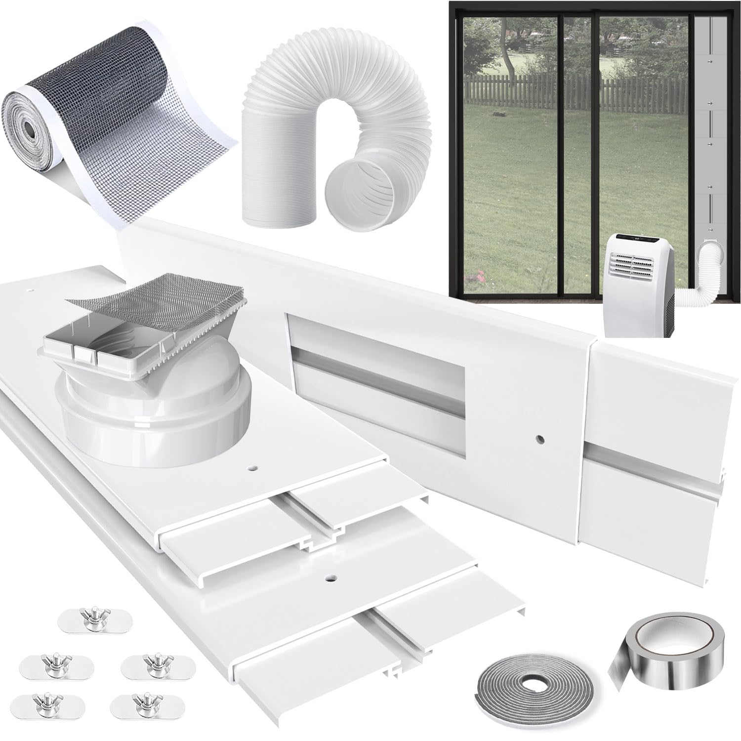 Aozzy White 95"Sliding Door Air Conditioner Vent Kit With Φ5.9"Ac Hose 1M Diy Filter And Door Sealing Strip, Universal 5.1/5.9"Hose Adapter,For Sliding Door/Window Portable Air Conditioner Seal Unit