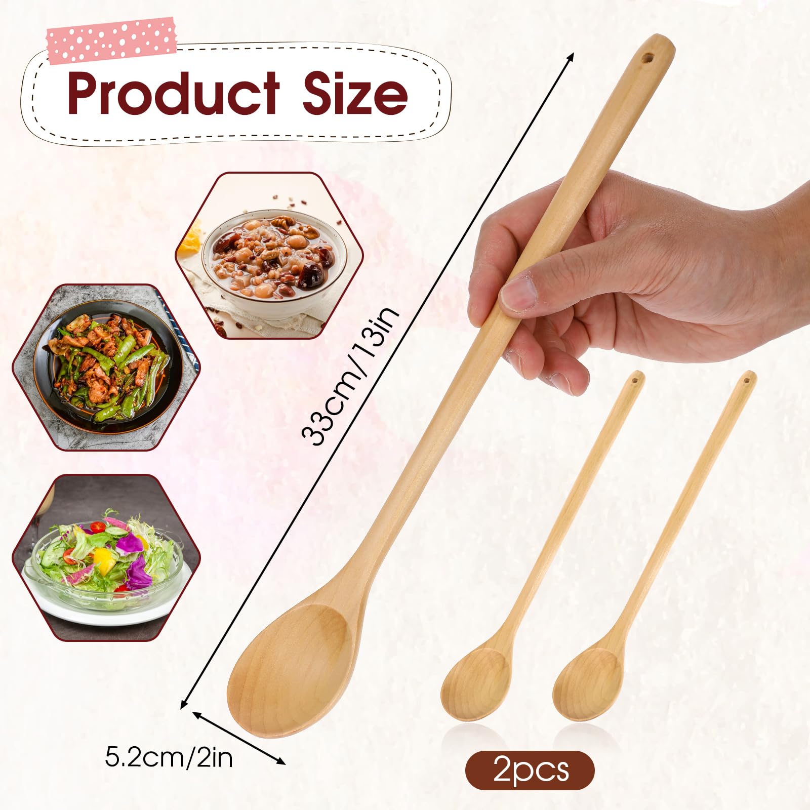 MOZEAT LENS 2 Pieces Wooden Cooking Spoons Bamboo Cooking Spoon Non Stick Cookware Serving Spoon Kitchen Utensils Long Handle Wood Spoon for Stirring, Flipping, Mixing, Scraping, 13 Inch