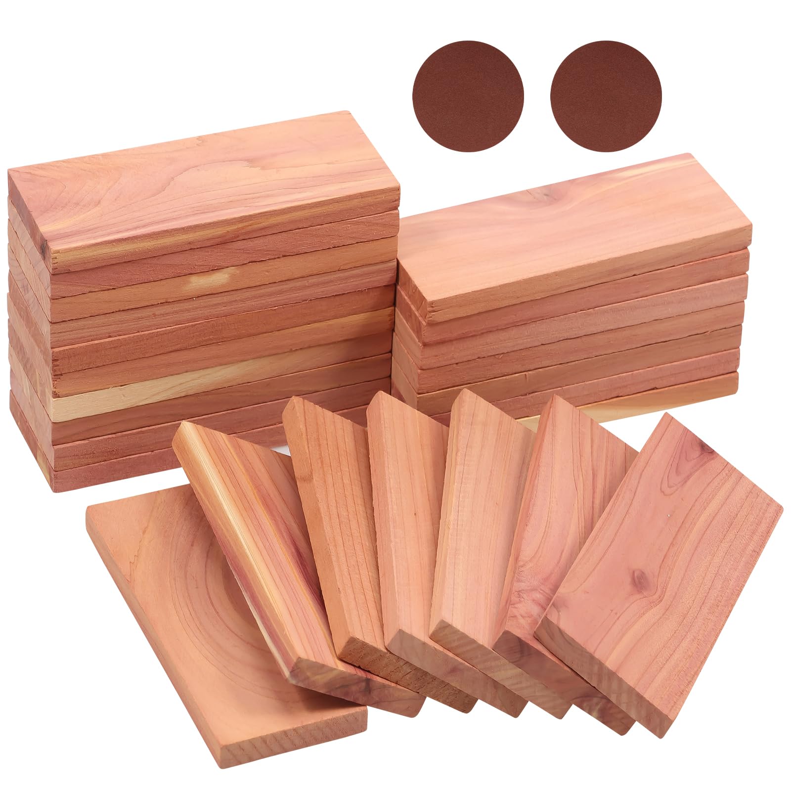 24Pcs Cedar Wood Block with 2 Sandpaper for Clothes Storage Aromatic Scent Red Cedar Plank Chip for Closet Drawer Shoe Cabinet