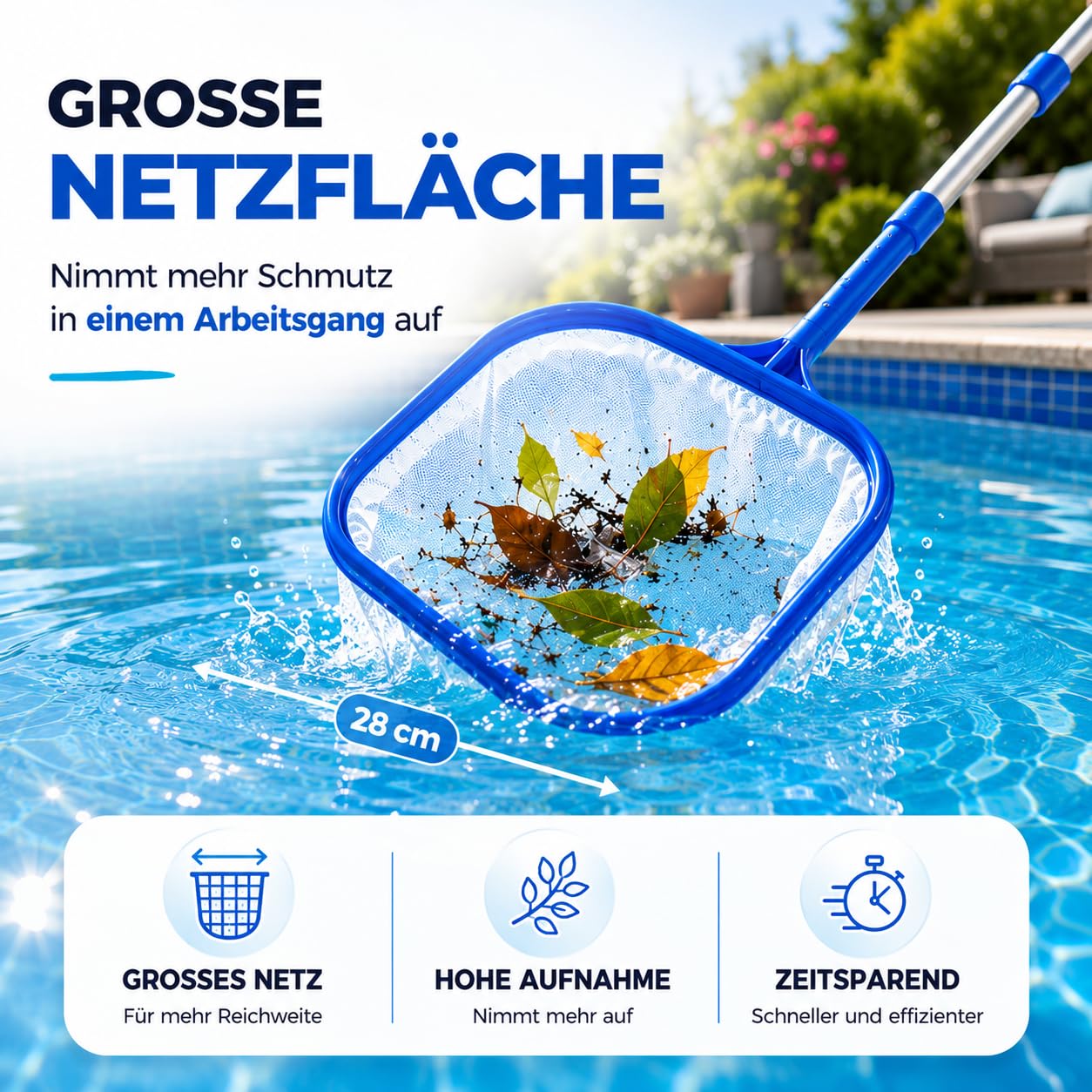 TK Gruppe Timo Klingler Red de piscina con mango telescópico de 105 cm – Red para estanque para limpieza de piscinas y estanques, ideal para piscina desmontable, algas, jacuzzi, piscina Bestway y