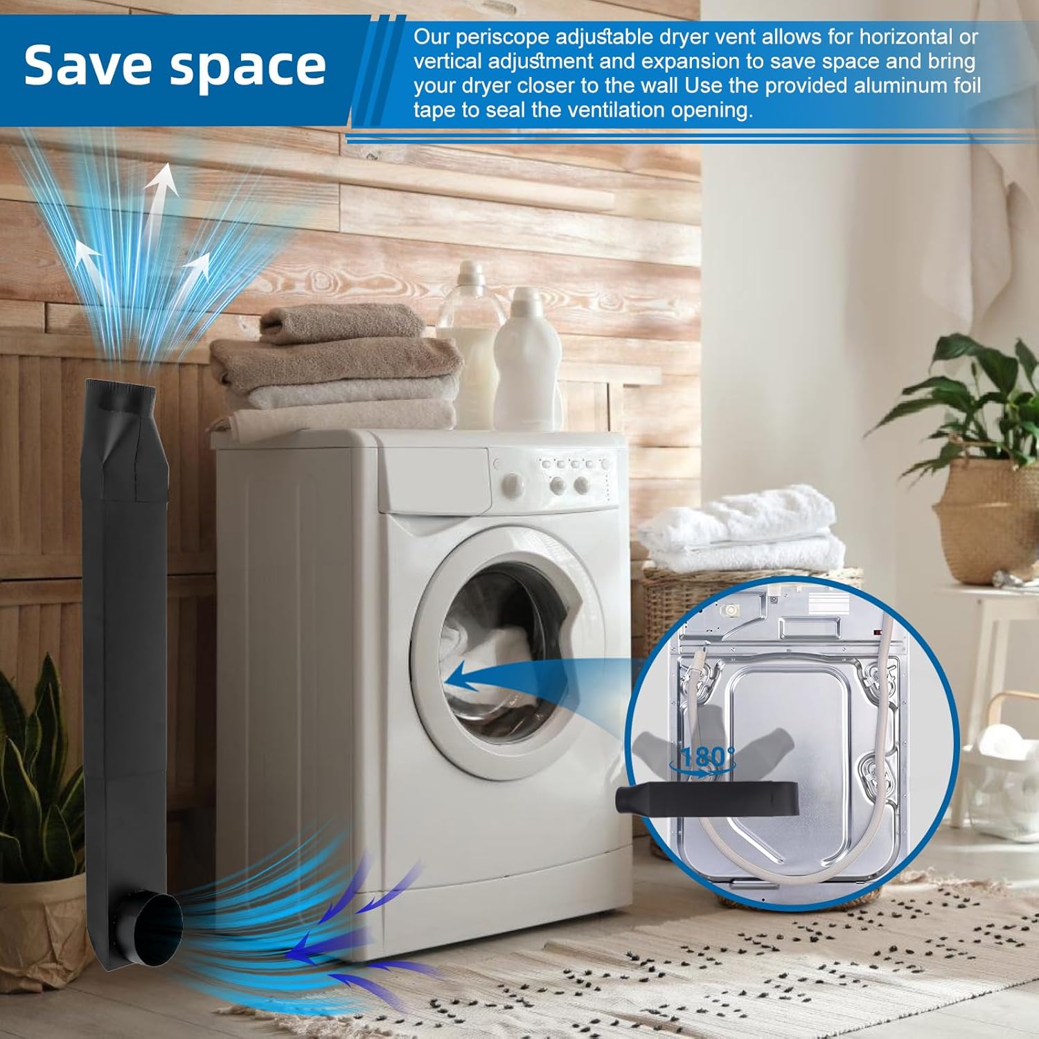 UD48S 4" Stainless Steel Telescoping Dryer Vent Kit - Flat Periscope for Whirlpool & All 4" Dryers, 90° to Straight Adjustable Dryer Duct (26-43in), Space Saving Vent Connector (Black)