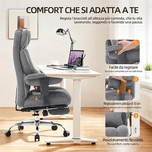 Efomao Sedia da Ufficio Ergonomica in Tessuto, Poltrona Scrivania Reclinabile con Poggiapiedi Estraibile, Schienale Alto, Supporto Lombare, Sedia Girevole per PC, Smart Working e Gaming (Grigio) - 5