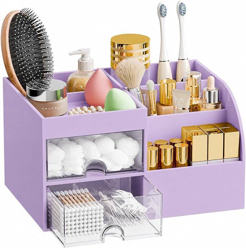 Organizador de Maquiagem fanado com 2 Gavetas, 5 Compartimentos e Porta-Pincéis, Roxo