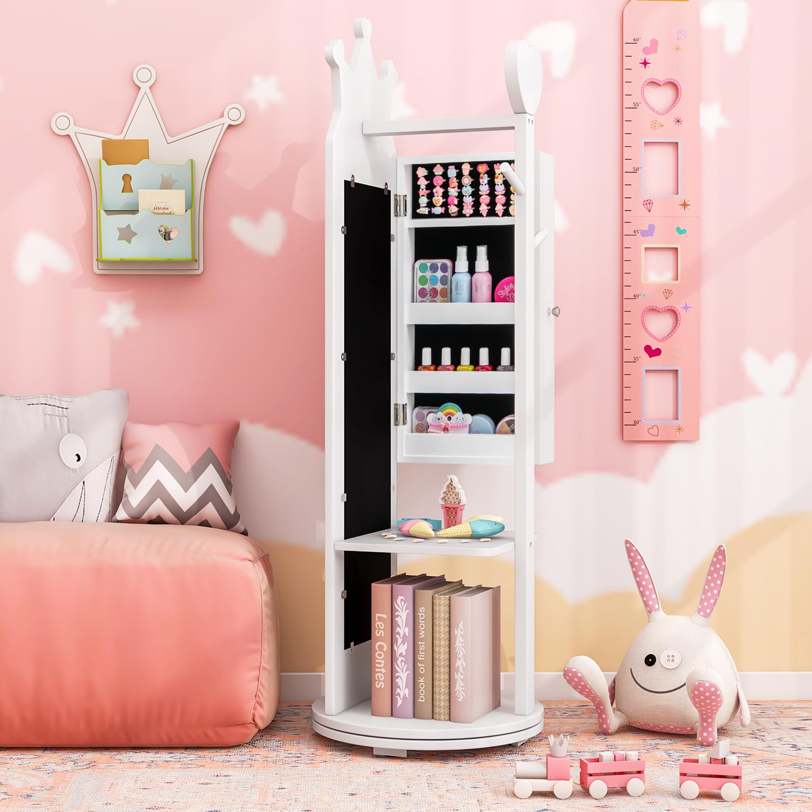 RELAX4LIFE 4 in 1 Armadietto Portagioie per Bambini, Specchio da Terra con Base Girevole a 360° e Appendiabiti, Ideale per Cameretta, 36 x 36 x 112 cm (Bianco)