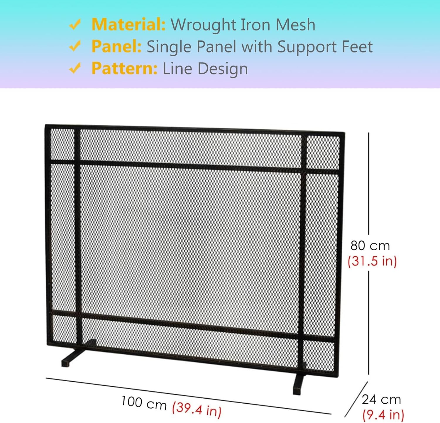 Contemporary Black Wrought Iron Fire Screen - Single Flat Panel Spark Guard for Living Room & Charcoal Fire Safety, Stylish Fireplace Decor