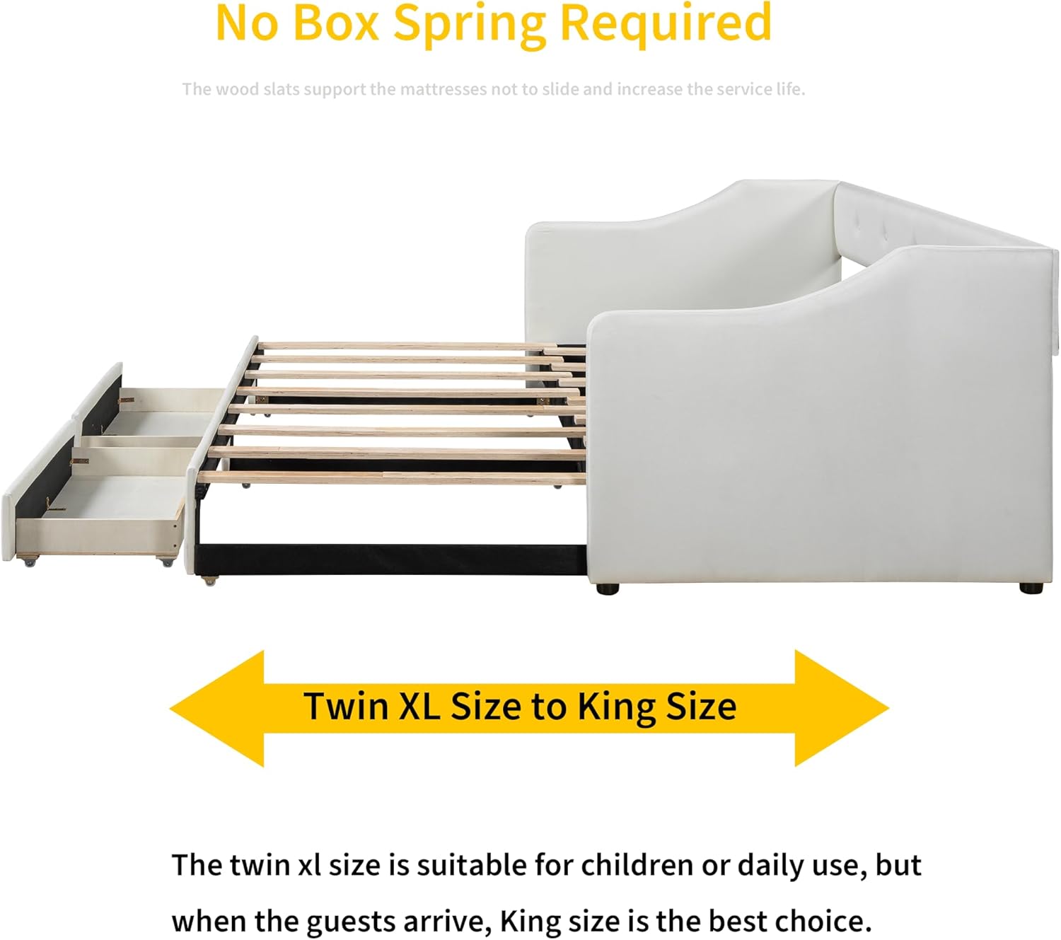 Polibi Twin XL to King Size Linen Upholstered Daybed with Two Drawers,Daybed Frame with Pull-Out Trundle,Extendable Daybed for Guest Room,Living Room(Beige)