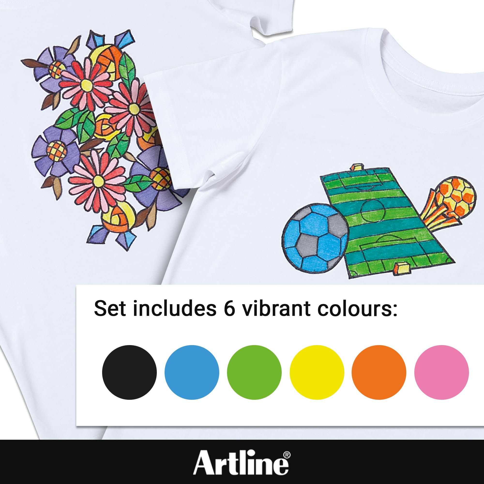 Artline Pack of 6 Fabric Markers for T-Shirts (Black, Light Blue, Yellow Green + Fluoro. Yellow - Image 3