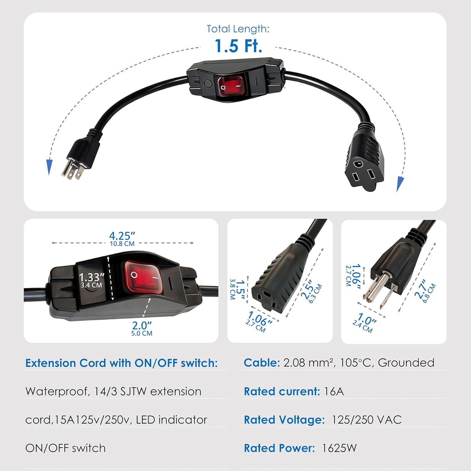 QMARK 1.5 Ft Outdoor Extension Cord with Waterproof Switch, 14/3 SJTW, 16A 125v/250v Grounded 3-Prong Plug, Black