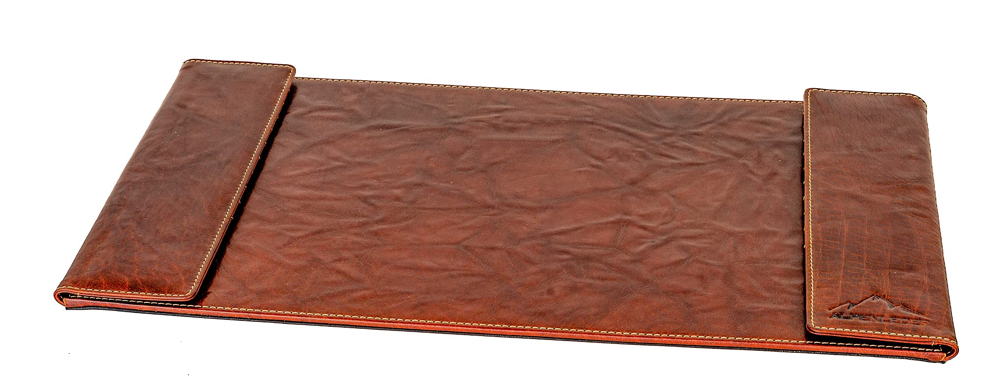 Alpenleder Schreibtischunterlage KAUFMANN – Rutschfeste Echt Leder Tischmatte – Braune, handgefertigte XL Leder Schreibunterlage mit Dokumentenfach und Kartensteckplätzen (52 x 29cm, Cognac)