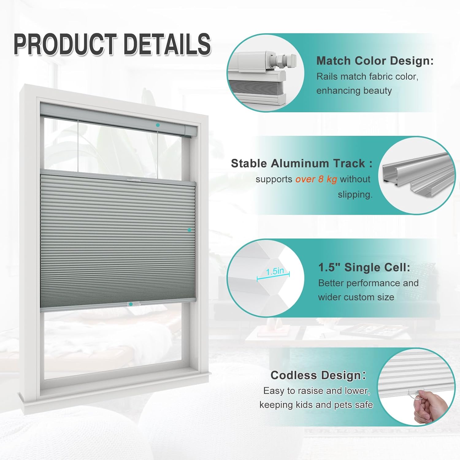 Changshade No Drill Custom Top Down Bottom Up Cellular Shades, No Tools Blackout Cordless Honeycomb Shades for Home,Thermal Insulation Blinds for Bedroom,Office,Living Room,Easy to Install