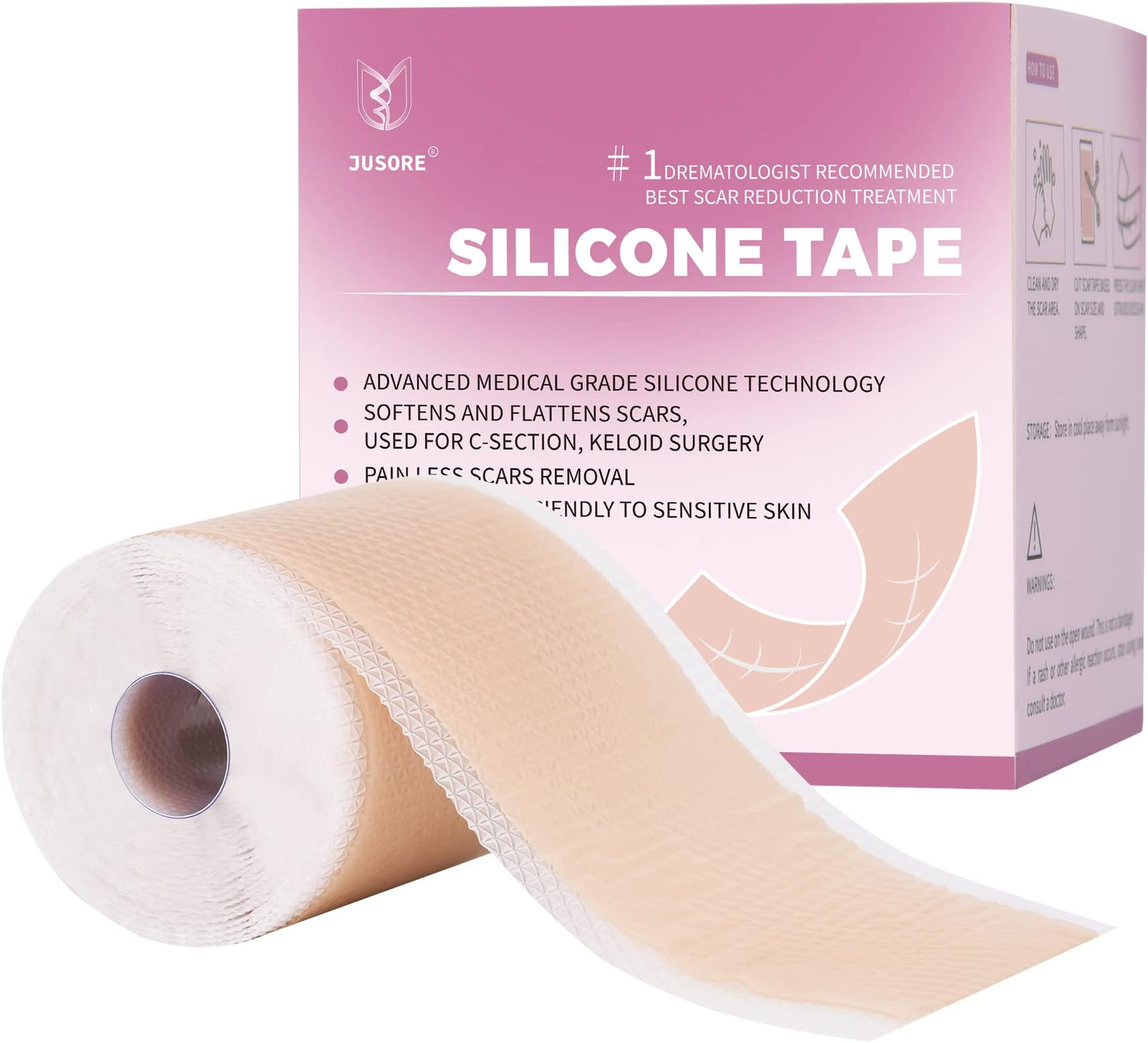 Professional Medical Silicone Scar Tape - Grade Scar Sheets, Non irritating, Painless for C-Section, Surgical Scars, Burn, Keloid, Acne, Provide Safe and Effective Solutions(1.6” x 60” Roll)