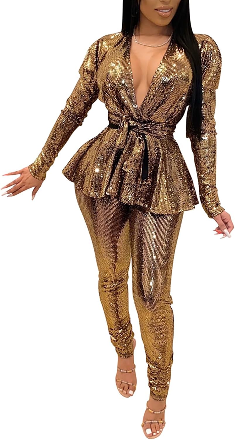 WOKANSE Sequin Two Piece Set for Women Glitter V Neck Long Sleeve Belt Blazer Bodycon Long Pants Club Wear