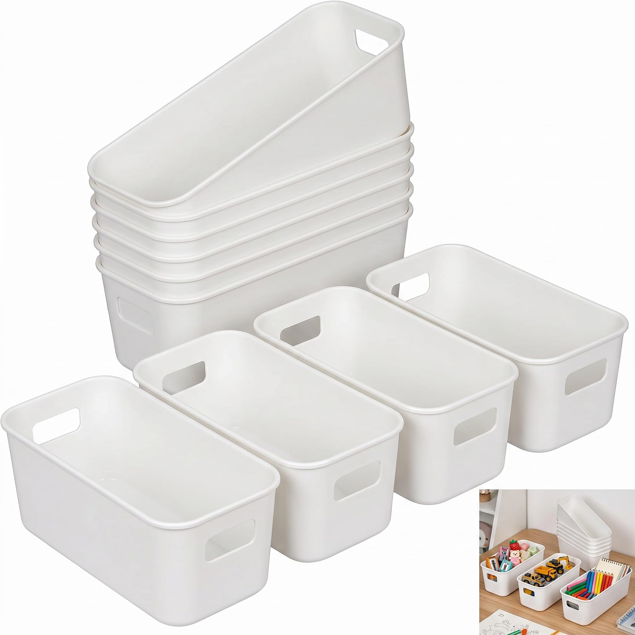 10 Pcs Narrow Storage Box, Narrow Bathroom Storage Baskets Slim Kitchen Cupboard Organiser Storage Box with Handles Rectangle Plastic Storage Boxes for Kitchen Cupboard Bathroom Cabinet Desktop