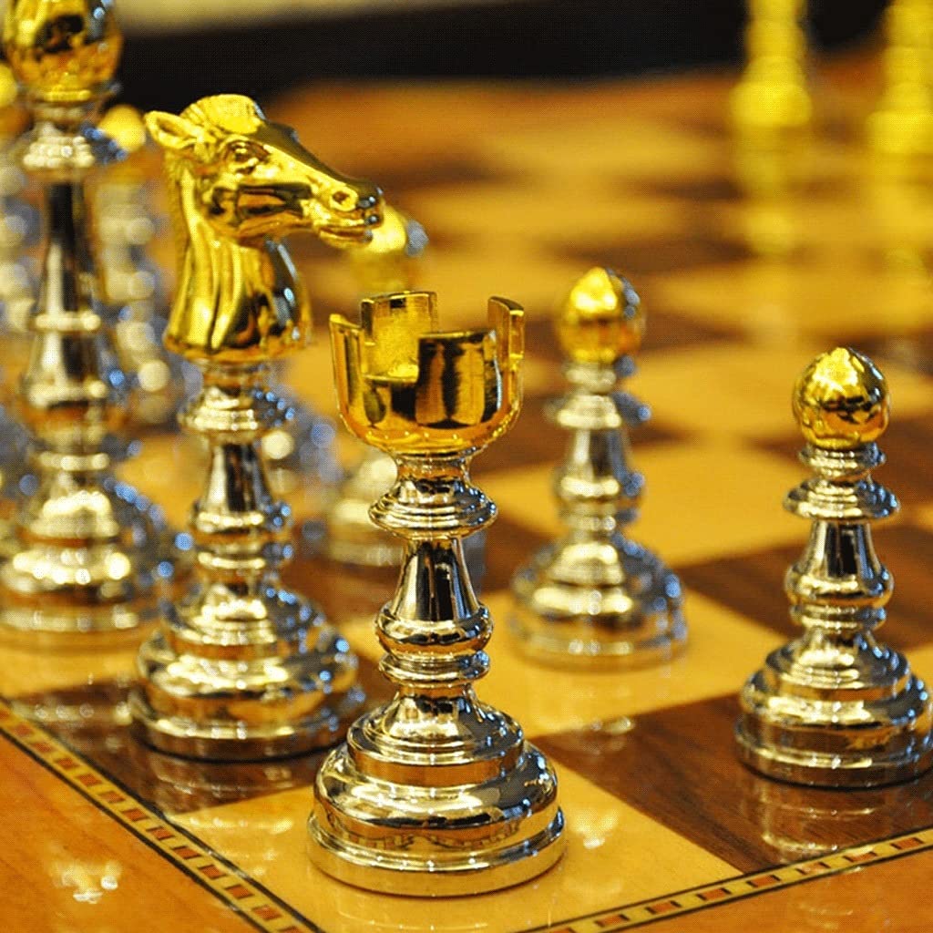 Set di Scacchi Set di Scacchi Fatti a Mano Portatile Scacchiera in Legno Scacchiera con 2 cassetti e Pezzi degli Scacchi in Argento Dorato Set di Scacchi in Metallo per Set di Scacchi per Adulti