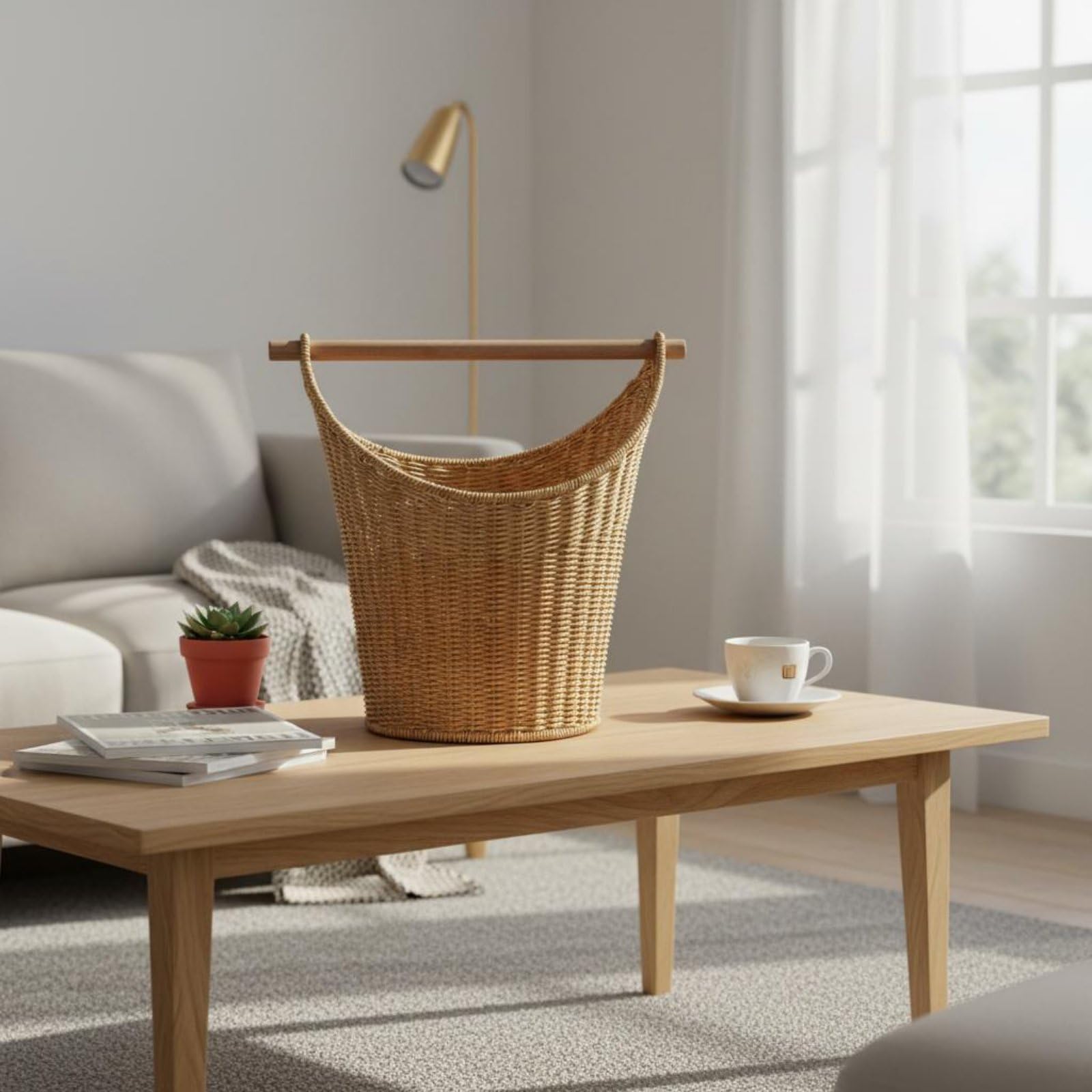 Panier de Rangement en Osier Panier Tissé Panier Organisateur Panier Porte-revues Conception Imitation Rotin avec Tige en Bois Amovible Adapté au Salon Chambre Bureau Décoration Intérieure