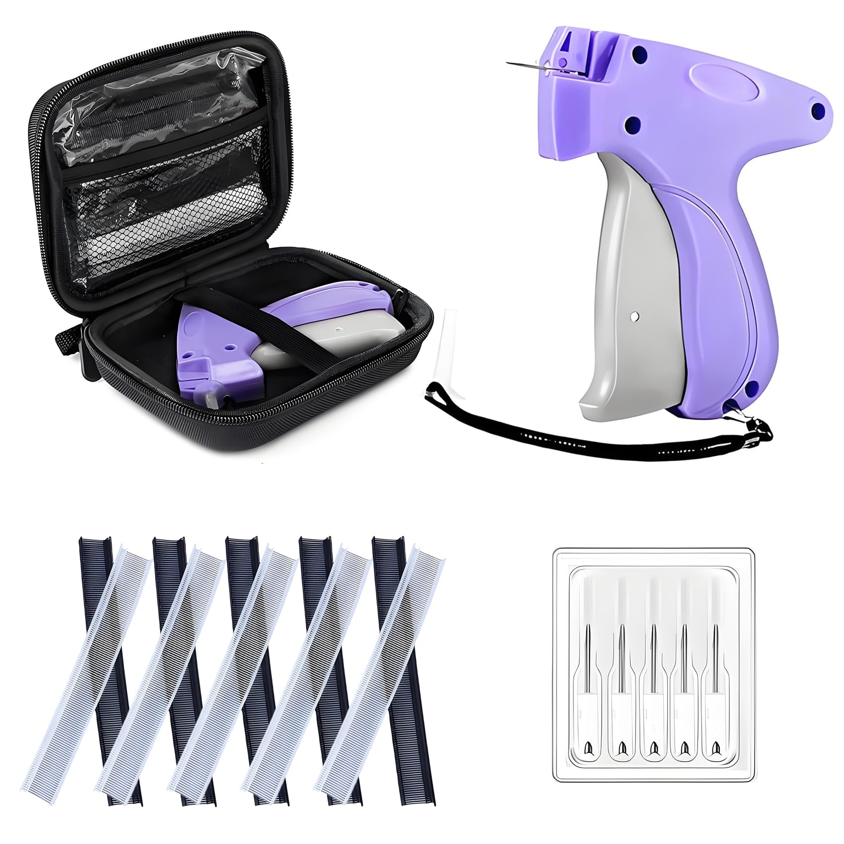 1008 Stück Stitchy Quick Clothing Fixer, Mini Stitch Clothes Storage with 1 Case 6 Needles 500 Black 500 White Fasteners Quick Stitch Sewing Hemming Gun (Purple)