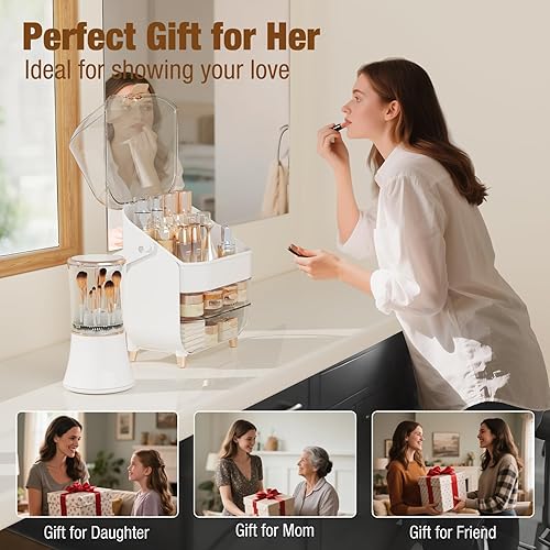 Miniatura 8 de Organizador de maquillaje, organizador de cuidado de la piel con cajones y tapa, caja de almacenamiento de cosméticos con asa, vitrina giratoria de