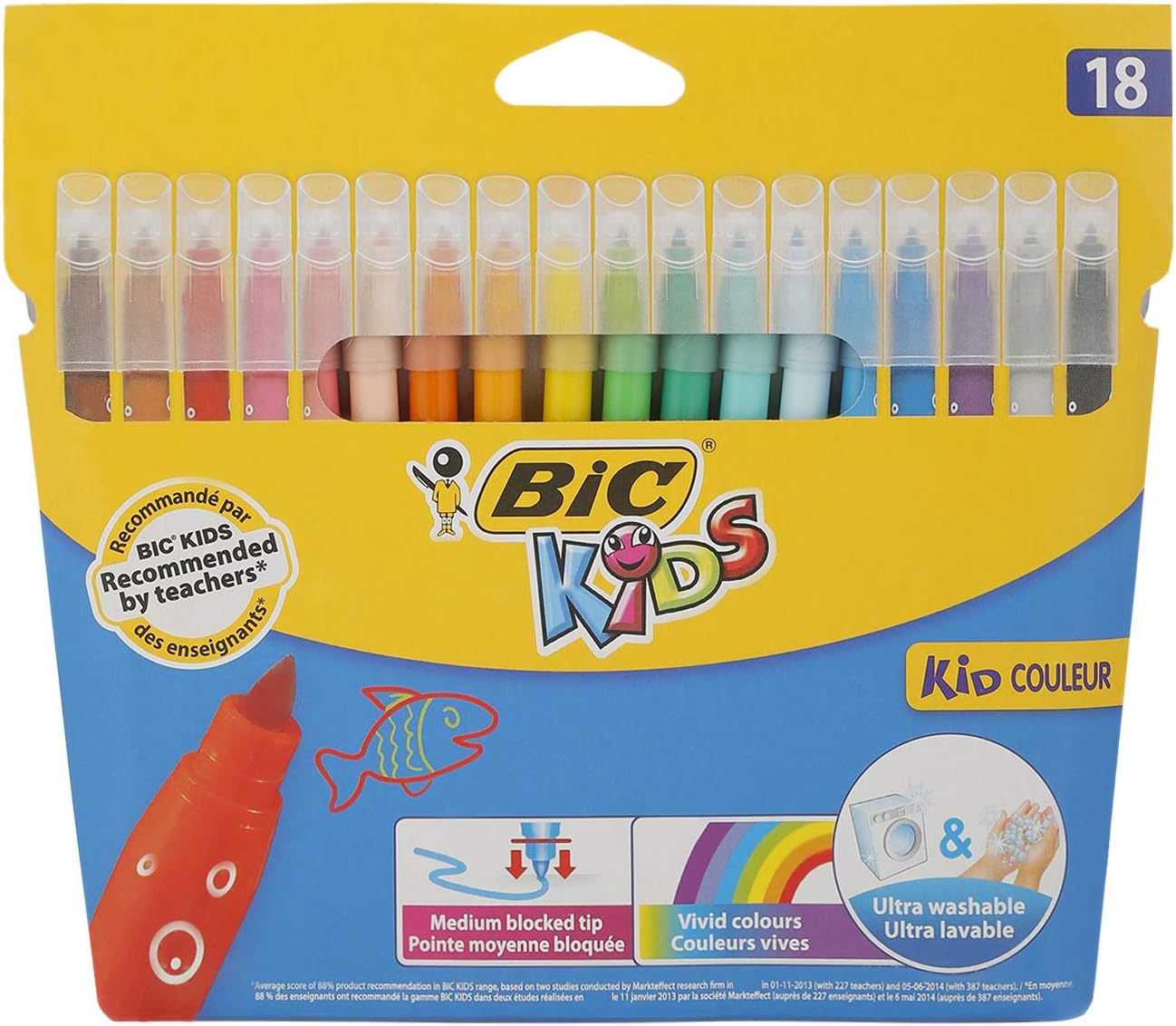 BIC Kids Kid Couleur Felt Tip Colouring Pens - Assorted Colours, Cardboard Wallet of 18