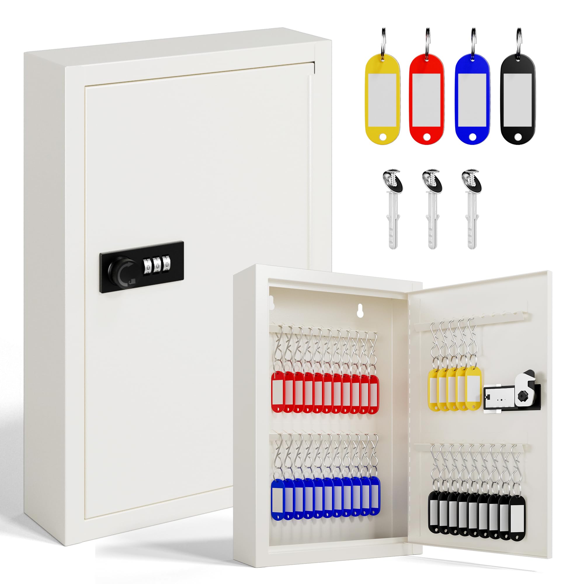 Grimtron Key Lock Box with Code, Key Box Wall Mount with 40 Key Tags & Hooks for Home, Office, Resttable Combination Lock (Beige, 40 Keys)