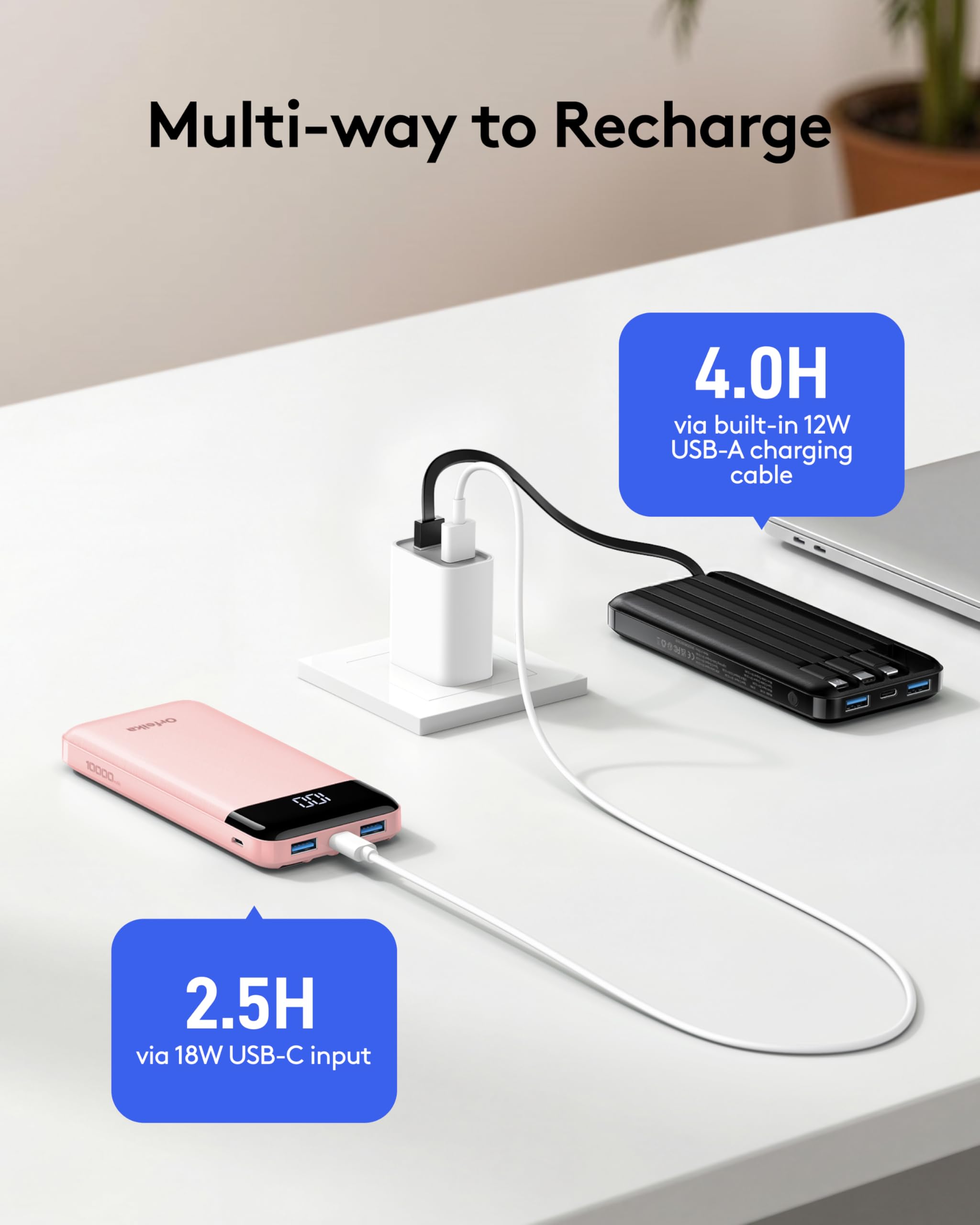 Orfeika Cargador portátil para teléfono, cargador portátil de 10000 mAh con cables integrados, batería esencial de viaje compatible con iPhone, Samsung, iPad, Google, tabletas, etc