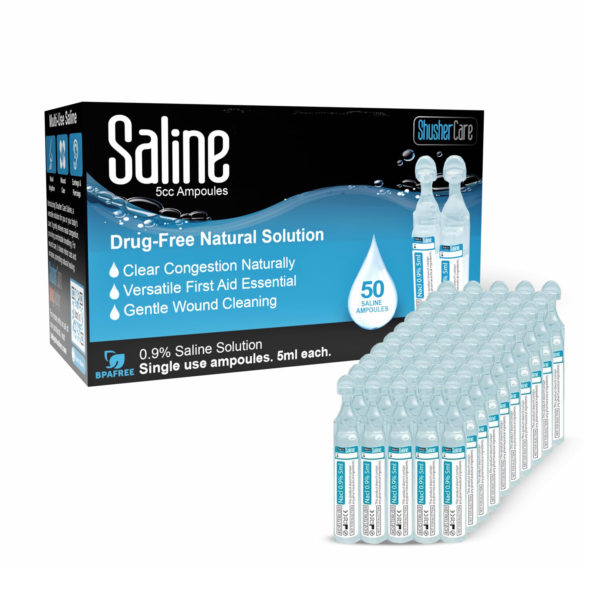 Saline Ampoules - Saline Solution for Nebulizer, Sodium Chloride 0.9%, Nasal Cleanse for Babies, Kids, & Adults, Sterile Nasal Care, Wound Cleansing - 50 Count (5ml Each)