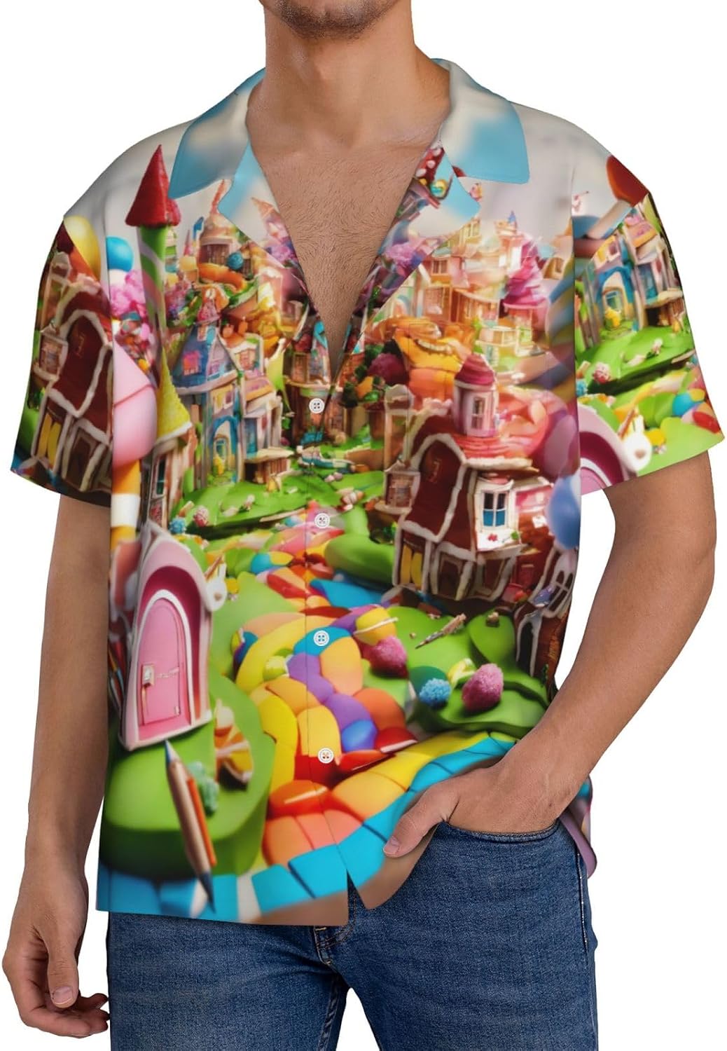 Candy Land Printed Men's Short Sleeve Button Down Shirt with Pockets Men's Stylish Summer Beach Casual Shirts Wrinkle Free